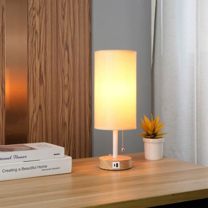 Brilagi - Stolná lampa s USB portom TABLON 1xE27/25W/230V dubová/biela/béžová
