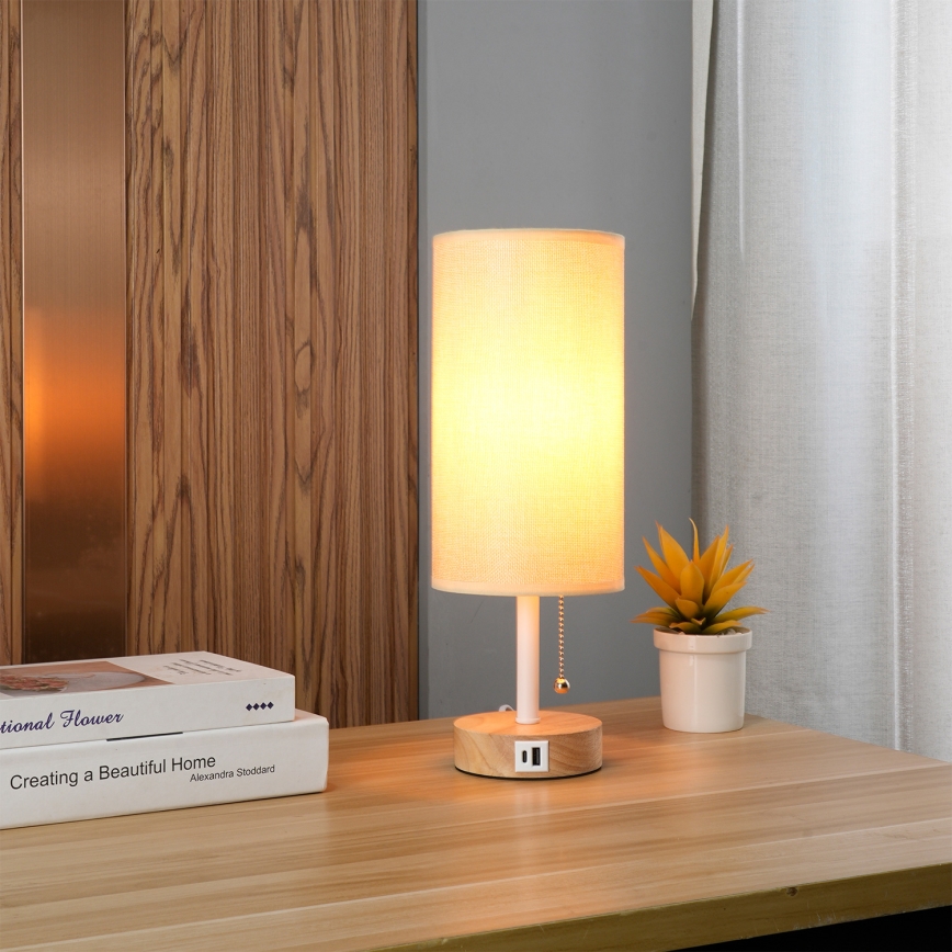 Brilagi - Stolná lampa s USB portom TABLON 1xE27/25W/230V dubová/biela/béžová