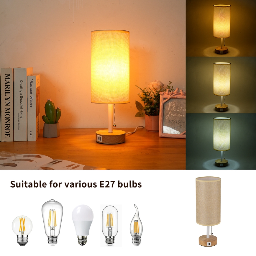 Brilagi - Stolná lampa s USB portom TABLON 1xE27/25W/230V dubová/biela/béžová