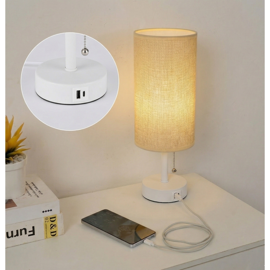 Brilagi - Stolová lampa s USB portom TABLON 1xE27/25W/230V biela/béžová