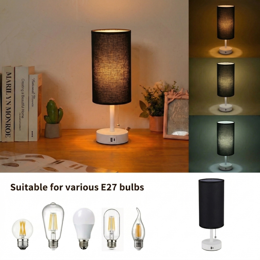 Brilagi - Stolová lampa s USB portom TABLON 1xE27/25W/230V biela/čierna