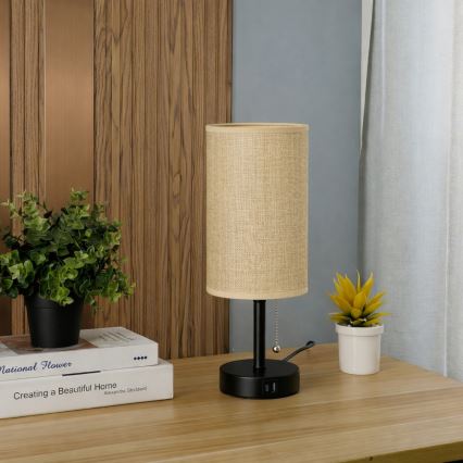 Brilagi - Stolová lampa s USB portom TABLON 1xE27/25W/230V čierna/béžová