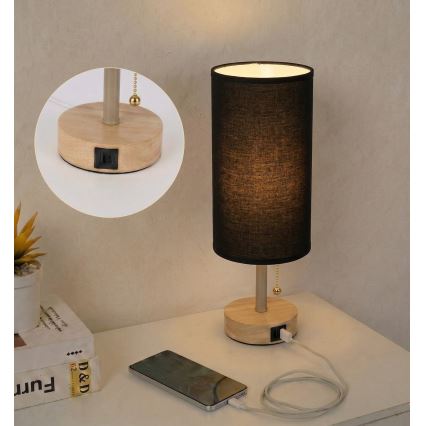 Brilagi - Stolová lampa s USB portom TABLON 1xE27/25W/230V dub/béžová/čierna