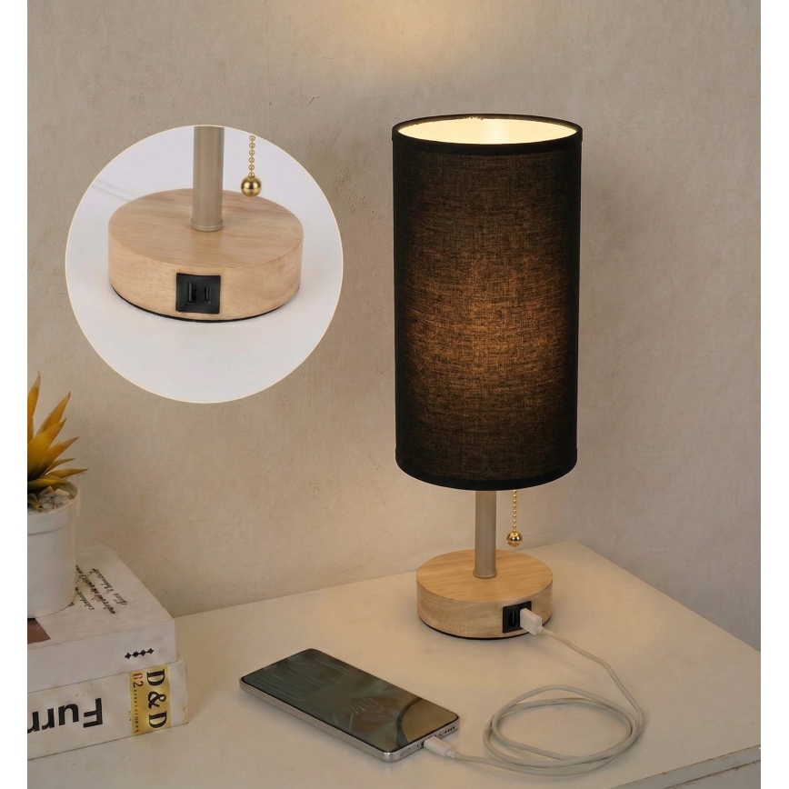 Brilagi - Stolová lampa s USB portom TABLON 1xE27/25W/230V dub/béžová/čierna
