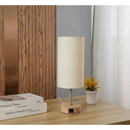 Brilagi - Stolová lampa s USB portom TABLON 1xE27/25W/230V dub/béžová/krémová