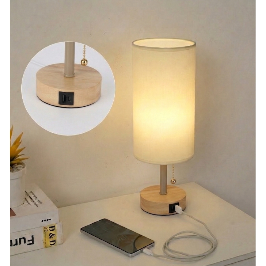 Brilagi - Stolová lampa s USB portom TABLON 1xE27/25W/230V dub/béžová/krémová