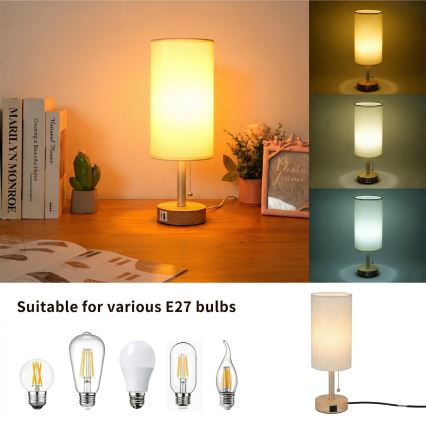 Brilagi - Stolová lampa s USB portom TABLON 1xE27/25W/230V dub/béžová/krémová