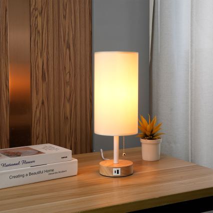 Brilagi - Stolová lampa s USB portom TABLON 1xE27/25W/230V dub/biela/krémová