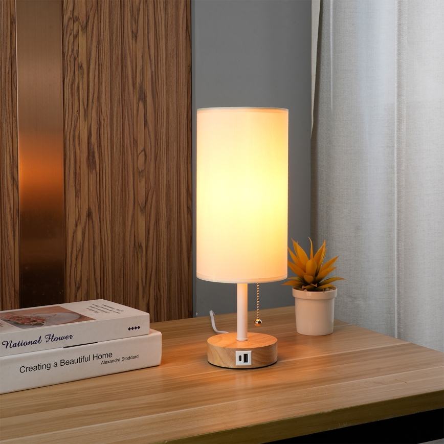 Brilagi - Stolová lampa s USB portom TABLON 1xE27/25W/230V dub/biela/krémová