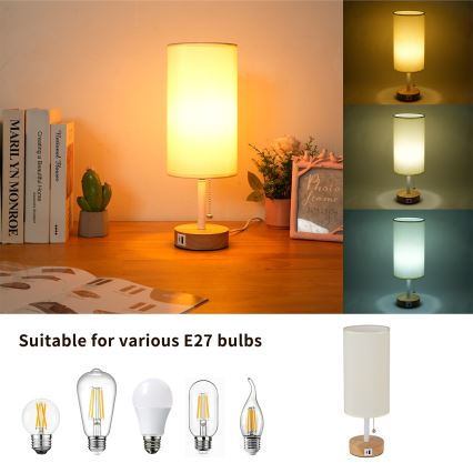 Brilagi - Stolová lampa s USB portom TABLON 1xE27/25W/230V dub/biela/krémová