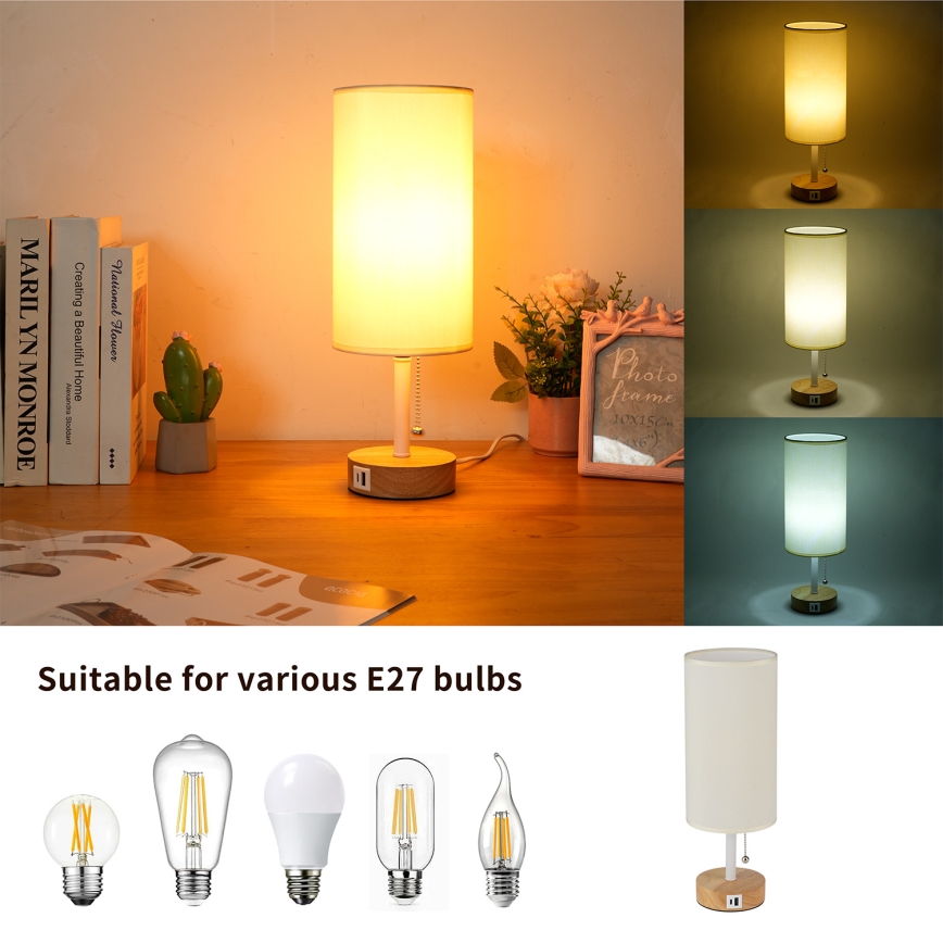 Brilagi - Stolová lampa s USB portom TABLON 1xE27/25W/230V dub/biela/krémová