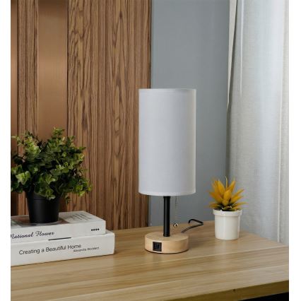 Brilagi - Stolová lampa s USB portom TABLON 1xE27/25W/230V dub/čierna/biela