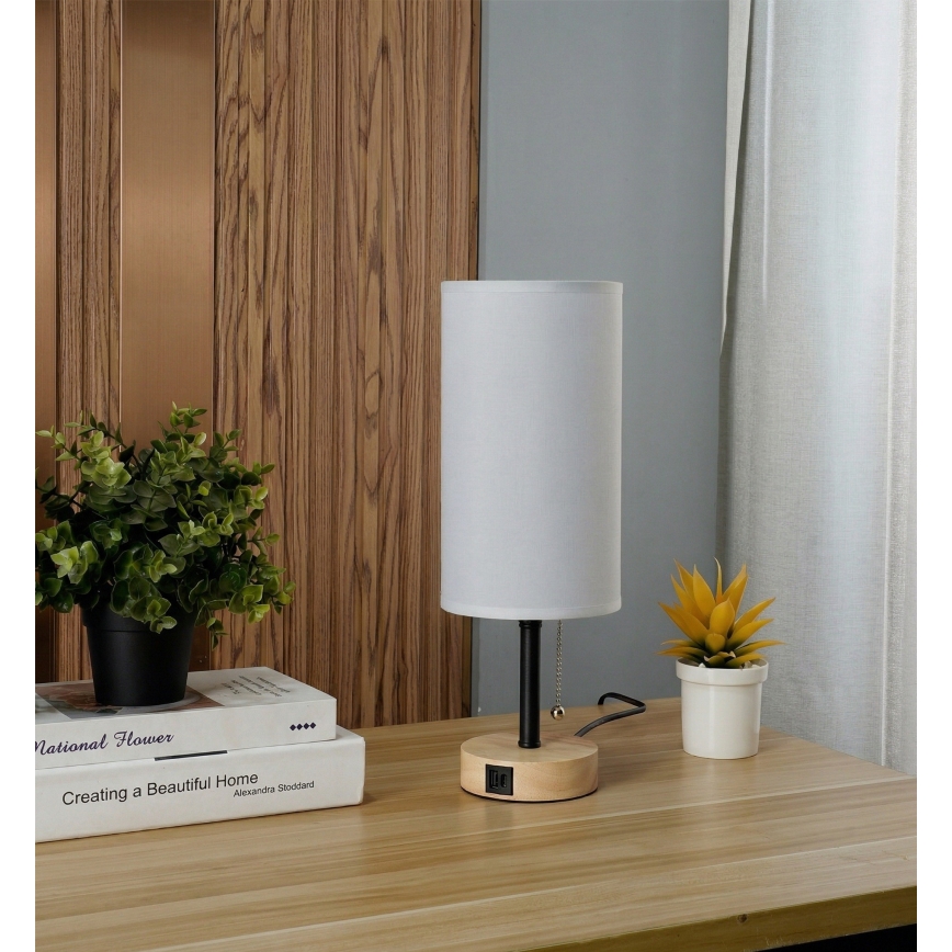Brilagi - Stolová lampa s USB portom TABLON 1xE27/25W/230V dub/čierna/biela