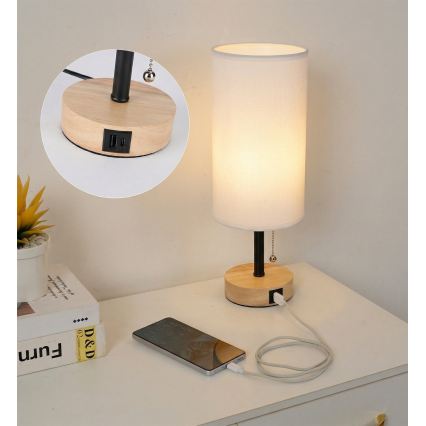 Brilagi - Stolová lampa s USB portom TABLON 1xE27/25W/230V dub/čierna/biela