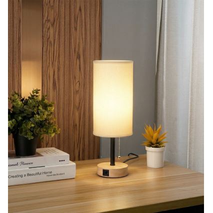 Brilagi - Stolová lampa s USB portom TABLON 1xE27/25W/230V dub/čierna/biela