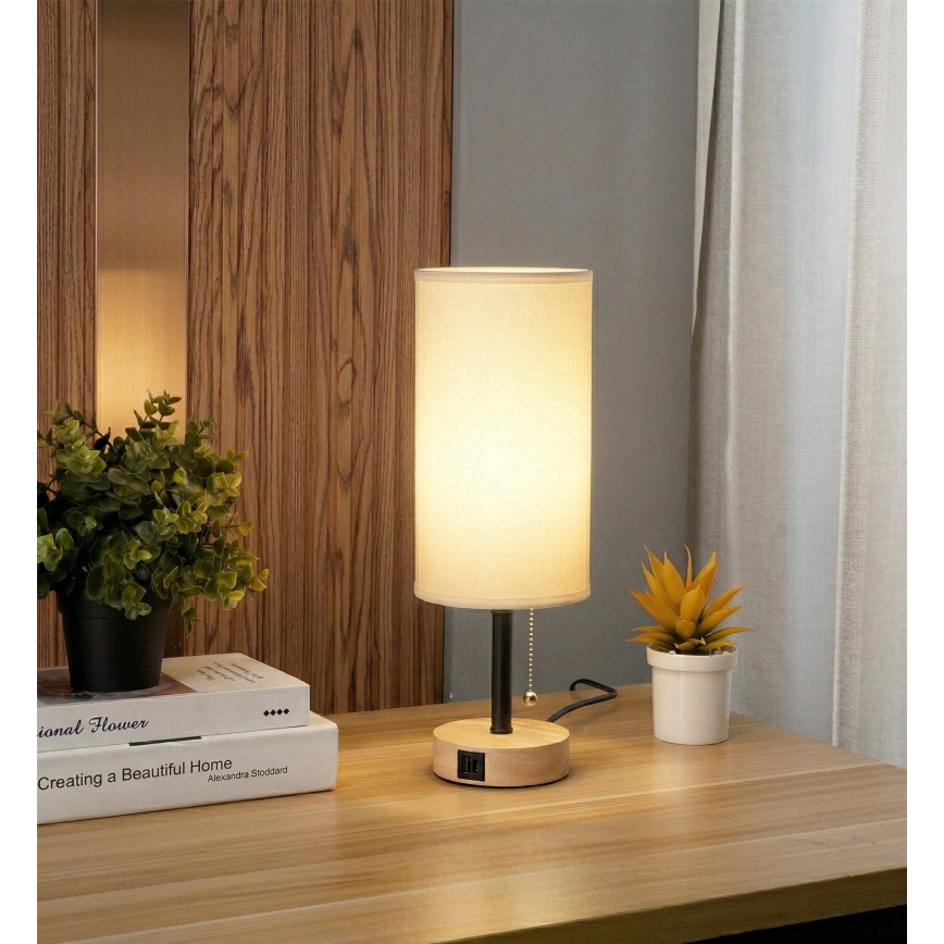 Brilagi - Stolová lampa s USB portom TABLON 1xE27/25W/230V dub/čierna/biela