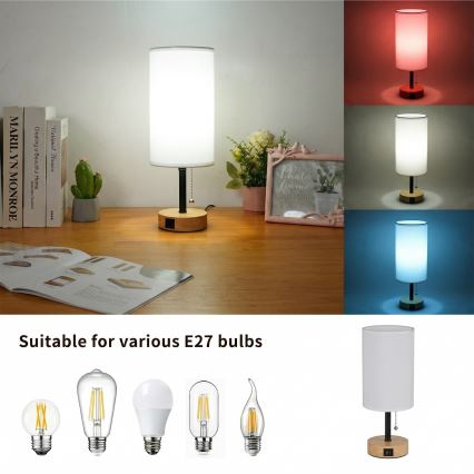 Brilagi - Stolová lampa s USB portom TABLON 1xE27/25W/230V dub/čierna/biela