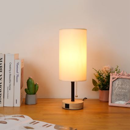Brilagi - Stolová lampa s USB portom TABLON 1xE27/25W/230V dub/čierna/krémová