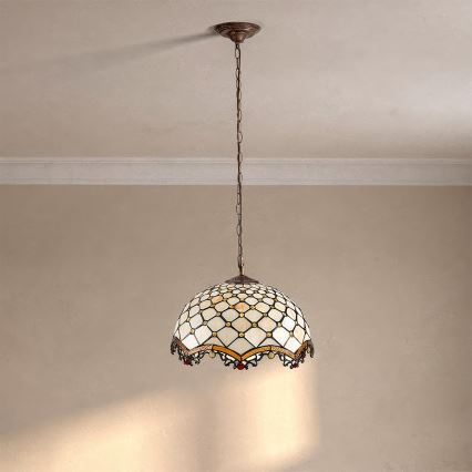 Brilagi - Tiffany vitražový luster na reťazi, slonovinový, 1xE27/60W/230V, pr. 40 cm