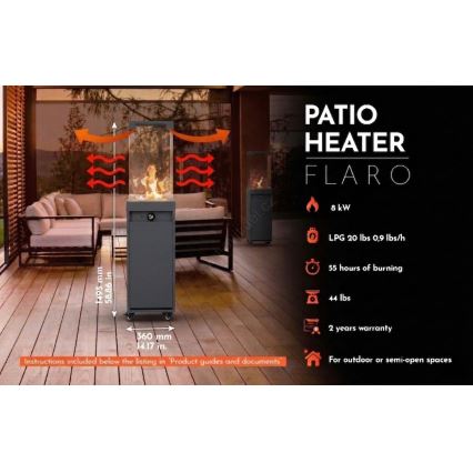 Brilagi - Vonkajší plynový krb FLARO GAS 142x36 cm, 8 kW, 1x AAA, čierny + ochranný kryt