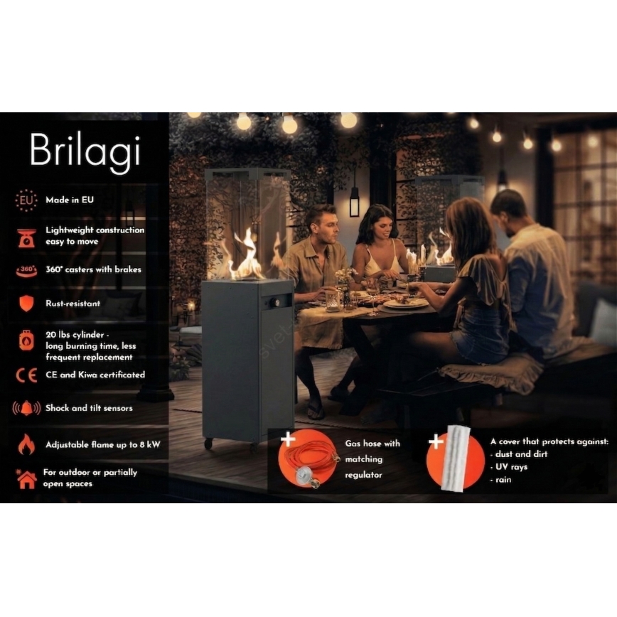 Brilagi - Vonkajší plynový krb FLARO GAS 142x36 cm, 8 kW, 1x AAA, čierny + ochranný kryt