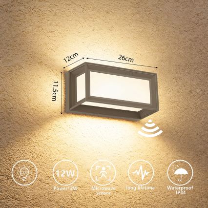 Brilagi - LED vonkajšie nástenné svietidlo so senzorom PARKER LED/12W/230V sivé IP44