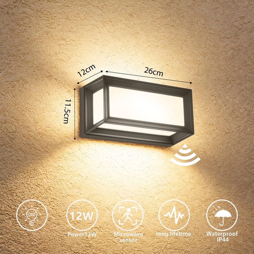 Brilagi - LED vonkajšie nástenné svietidlo so senzorom PARKER LED/12W/230V antracit IP44