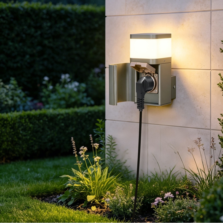 BRILAGI - Vonkajšie nástenné svietidlo so zásuvkou SCHUKO PILLAR 1xG9/11W/230V IP44 sivé