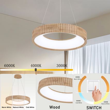 Brilagi - LED závesný luster na lanku FALCON WOOD MODERN LED/30W/230V 3000/4000/6000K priemer 45 cm drevo