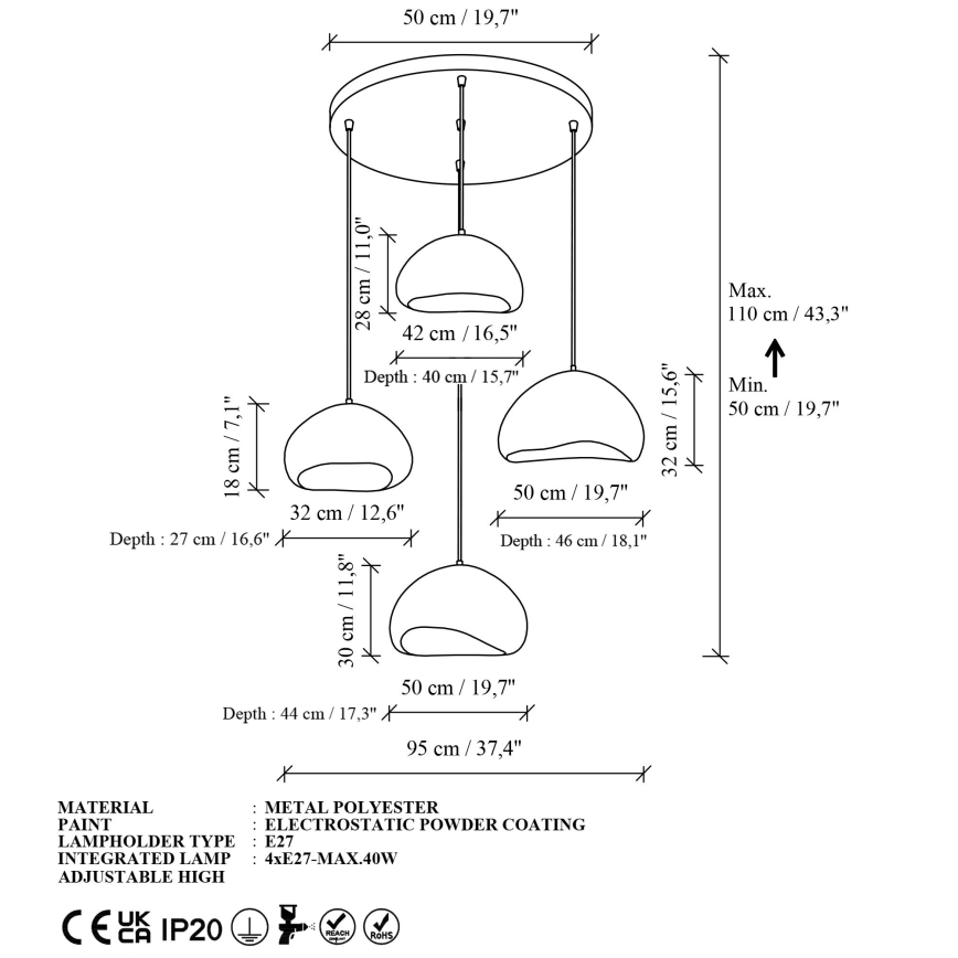 Brilagi - Závesné svietidlo WABI SABI na lanku 4xE27/40W/230V pr. 95 cm biela