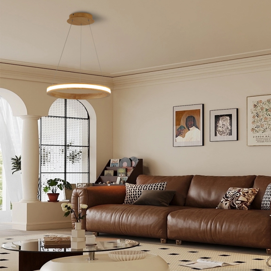 Brilagi - závesný LED luster na lanku UMEA WOOD, 30 W, 230 V, priemer 40 cm, drevený