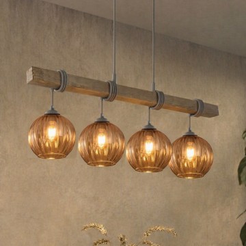 BRILAGI - Závesný luster na lankách WOOD GLASS 4xE27/60W/230V borovica/šedá/dymová hnedá