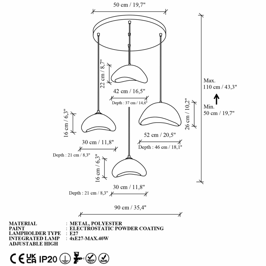 Brilagi - Závesný luster WABI SABI na lanku 4xE27/40W/230V pr. 90 cm, biely