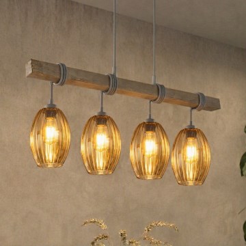 BRILAGI - Závesný luster WOOD GLASS na lanku 4xE27/60W/230V borovica/sivá/dymová hnedá