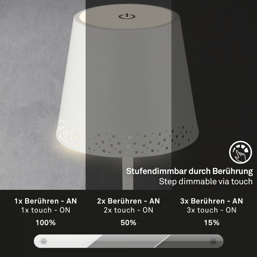 Brilo - LED stmievateľná nabíjateľná dotyková vonkajšia stolová lampa KIKI LED/2,6W/5V IP44 2600 mAh biela