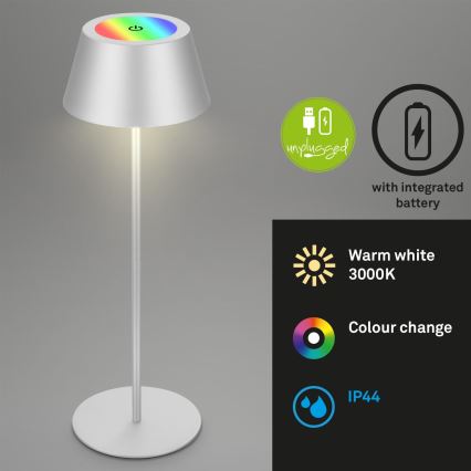 Brilo - LED RGB Stmievateľná nabíjateľná dotyková vonkajšia stolová lampa KIKI LED/2,6W/5V IP44 2600 mAh strieborná