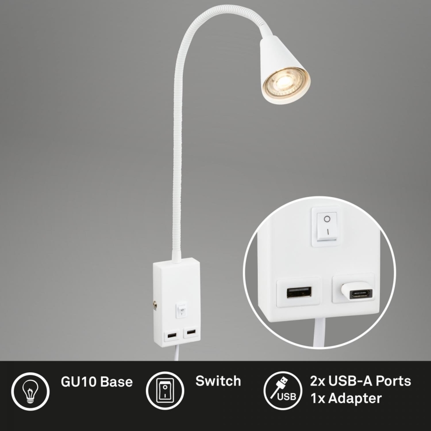 Briloner 2175-016 - Flexibilná nástenná lampa s USB portom 1xGU10/10W/230V biela