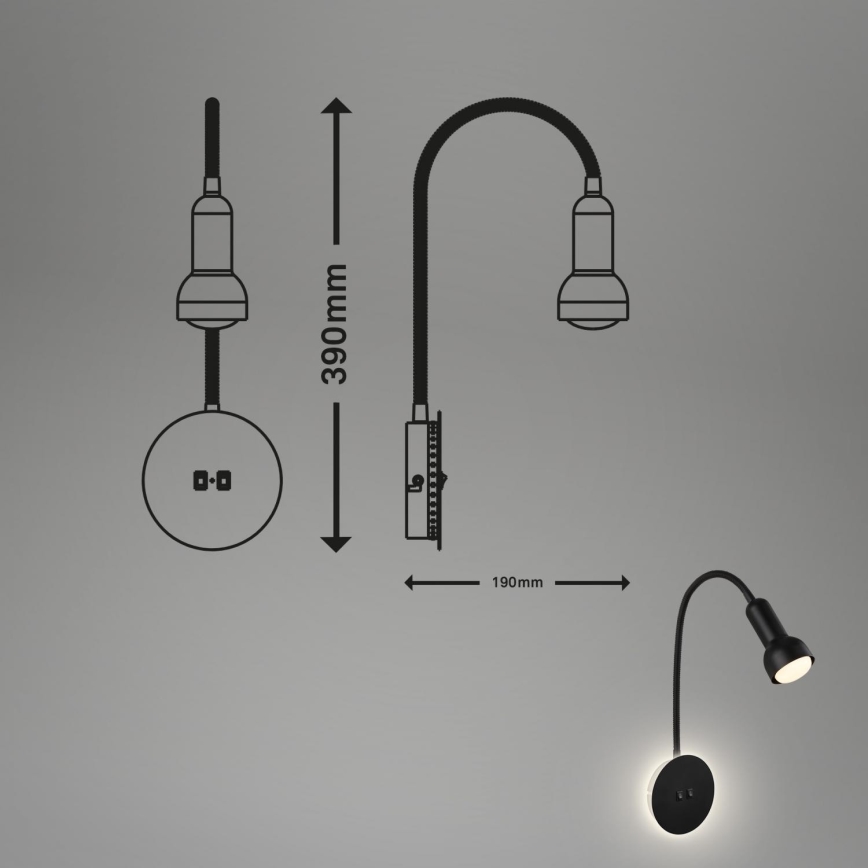 Briloner 2178015 - LED Nástenná flexibilná lampa 1xE14/10W/230V + LED/3W čierna