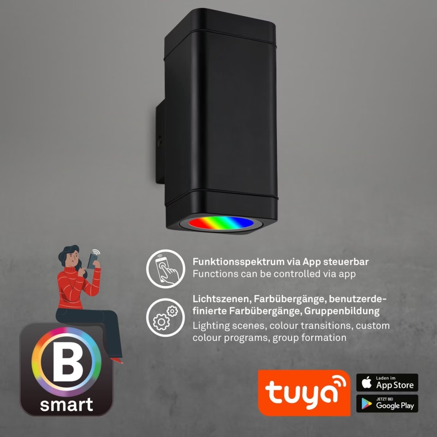 Briloner 3675-025 - LED RGBW Stmievateľné vonkajšie nástenné svietidlo 2xLED/8,5W/230V 3000-6500K Wi-Fi Tuya IP44 čierna