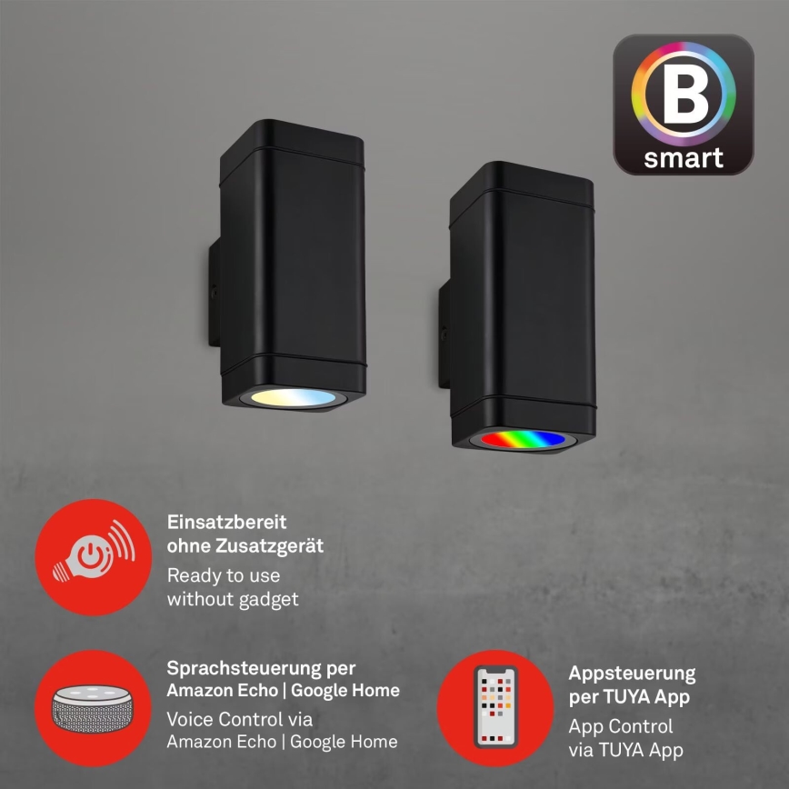 Briloner 3675-025 - LED RGBW Stmievateľné vonkajšie nástenné svietidlo 2xLED/8,5W/230V 3000-6500K Wi-Fi Tuya IP44 čierna