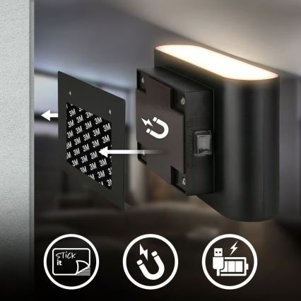 Briloner 3878015 - LED nabíjacie nástenné svietidlo s pohybovým a súmrakovým senzorom CHAT LED/3W/5V 2000 mAh čierna