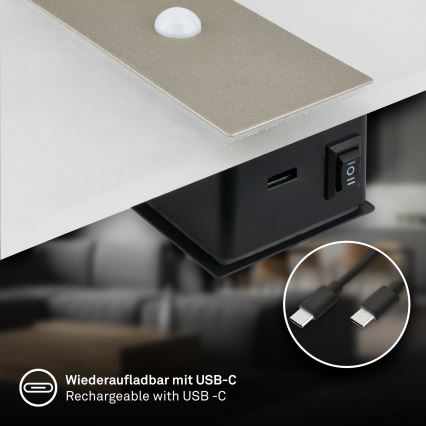 Briloner 3888012 - LED nabíjateľné nástenné svietidlo s pohybovým a súmrakovým senzorom AURA LED/2,5W/5V 1800 mAh matný chróm