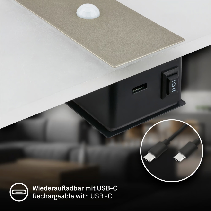 Briloner 3888012 - LED nabíjateľné nástenné svietidlo s pohybovým a súmrakovým senzorom AURA LED/2,5W/5V 1800 mAh matný chróm