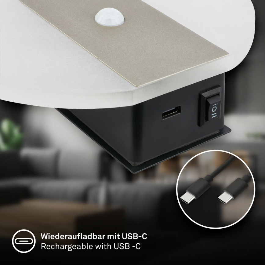 Briloner 3889012 - LED nabíjateľné nástenné svietidlo s pohybovým a súmrakovým senzorom TARO LED/2,5W/5V 1800 mAh matný chróm