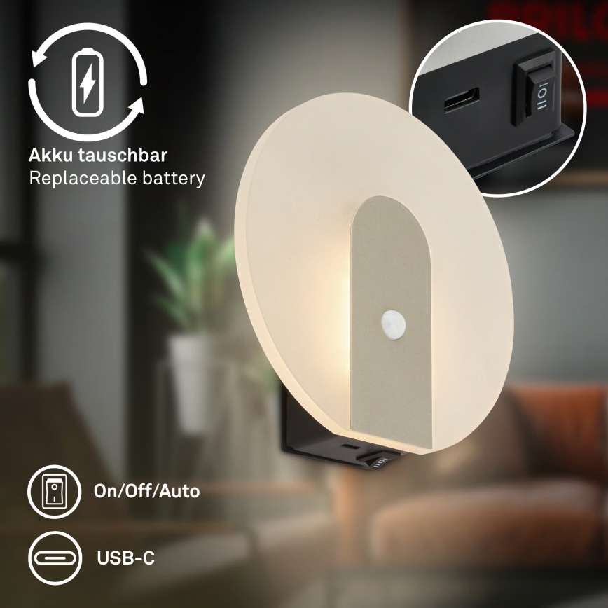 Briloner 3889012 - LED nabíjateľné nástenné svietidlo s pohybovým a súmrakovým senzorom TARO LED/2,5W/5V 1800 mAh matný chróm