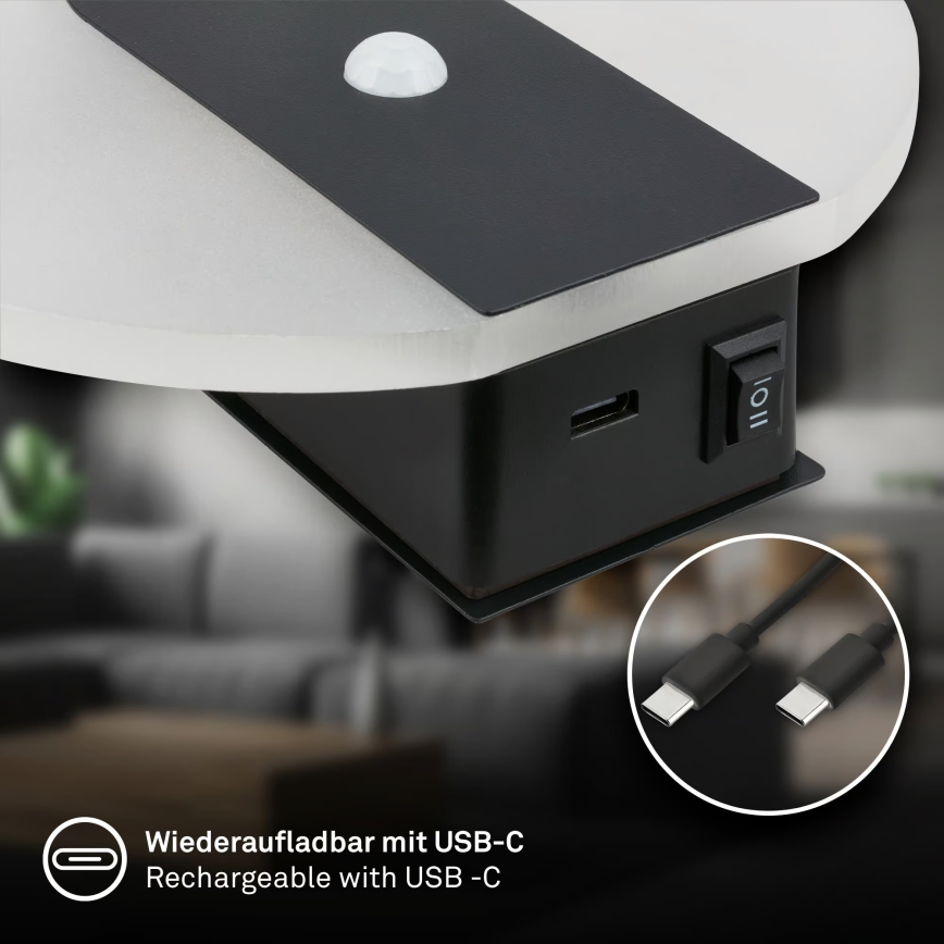 Briloner 3889015 - Nabíjateľné LED nástenné svietidlo s pohybovým a súmrakovým senzorom TARO LED/2,5W/5V 1800 mAh čierne