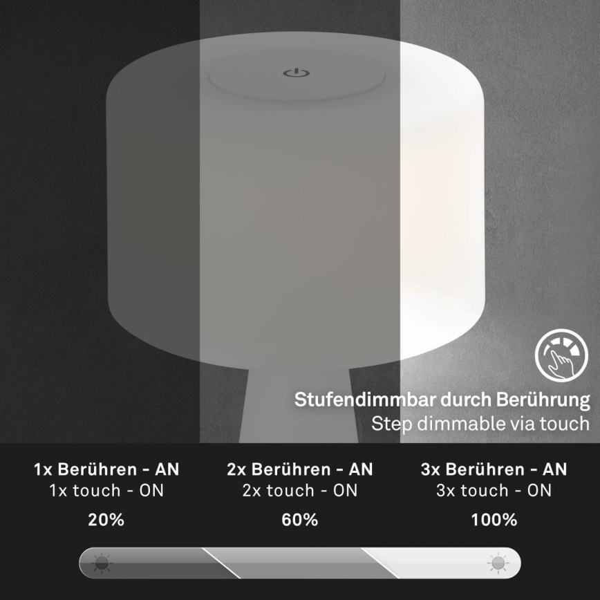 Briloner 7420016 - LED Stmievateľná nabíjacia dotyková vonkajšia stolná lampa LED/4W/5V IP44 3000K biela
