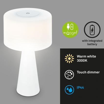 Briloner 7420016 - LED Stmievateľná nabíjacia dotyková vonkajšia stolná lampa LED/4W/5V IP44 3000K biela