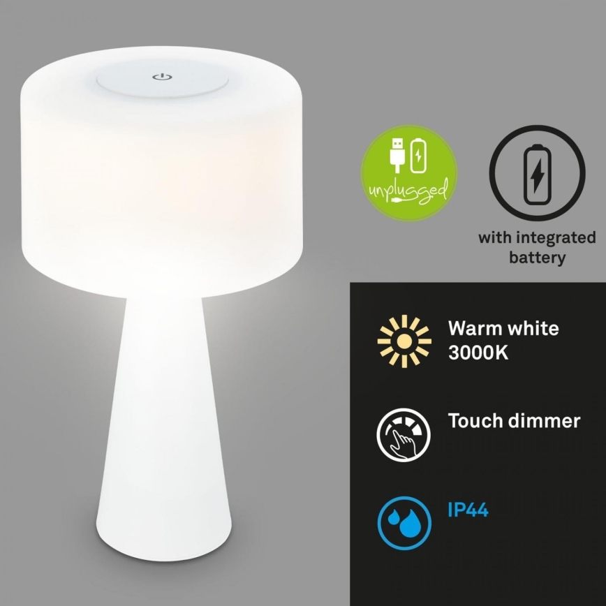Briloner 7420016 - LED Stmievateľná nabíjacia dotyková vonkajšia stolná lampa LED/4W/5V IP44 3000K biela