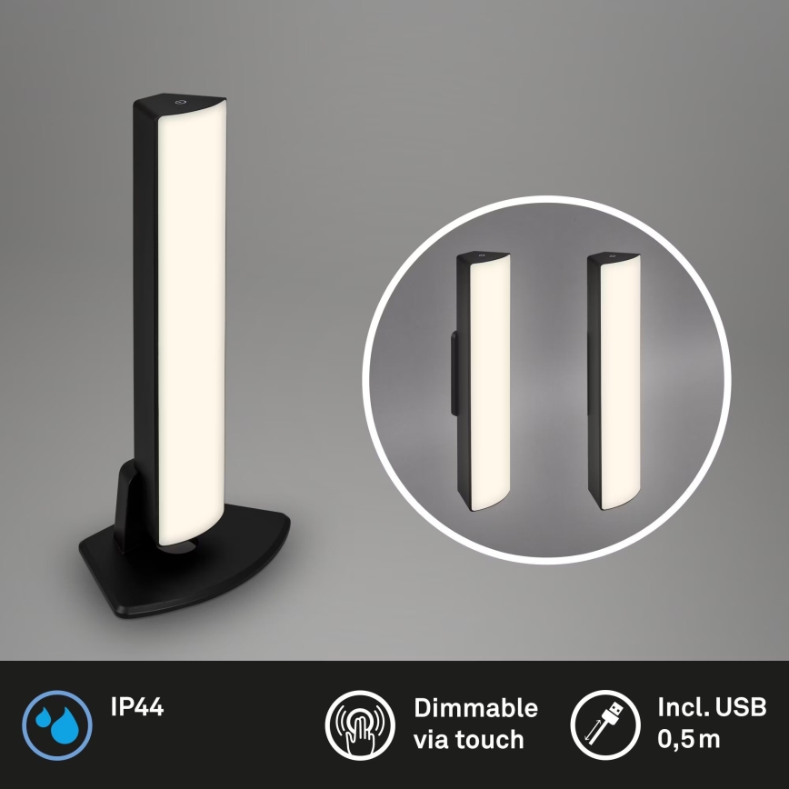 Briloner 7474-015 - LED Stmievateľná dotyková nabíjacia vonkajšia stolná lampa 2v1 LED/7W/5V 2x2200 mAh USB 3000K IP44 čierna